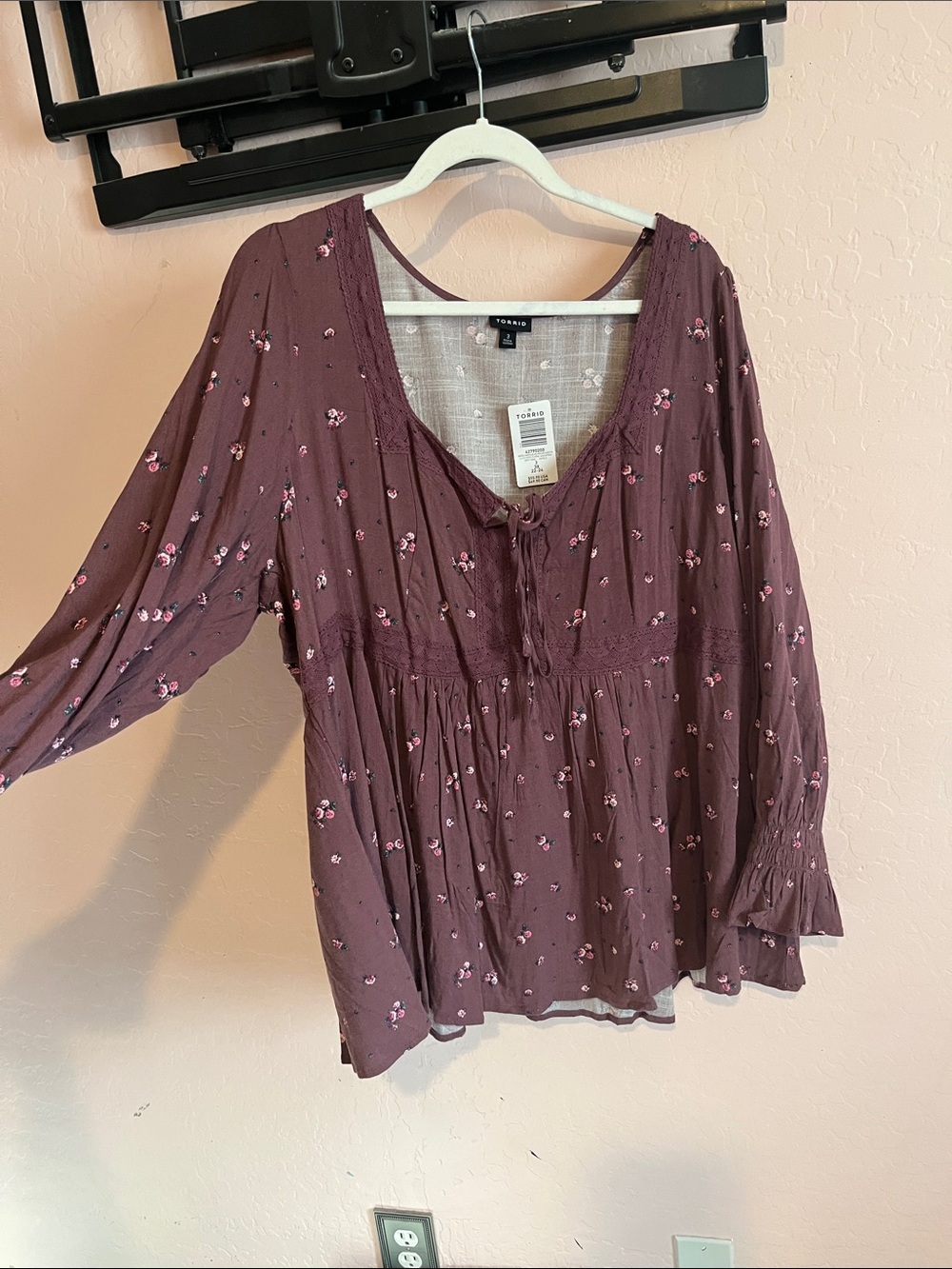 torrid Plum Floral Peasant Top with Tie Neck